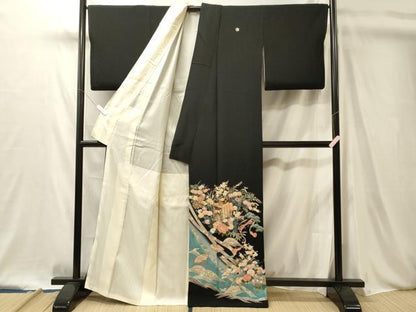 平和屋着物■豪華黒留袖　御所車草花文　暈し染め　銀彩　正絹　逸品　CABL0478oy