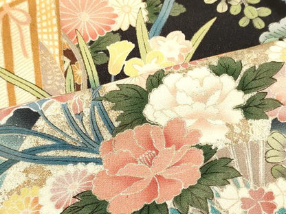平和屋着物■豪華黒留袖　御所車草花文　暈し染め　銀彩　正絹　逸品　CABL0478oy