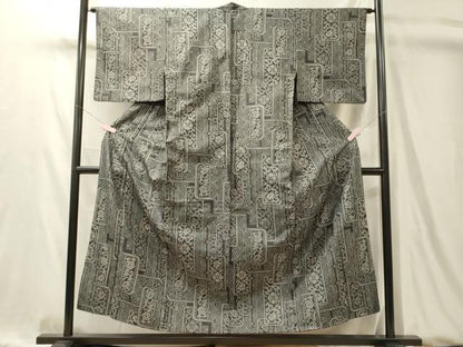 平和屋着物■上質な紬　吉祥花唐草文　黒地　正絹　逸品　CABL0480oy