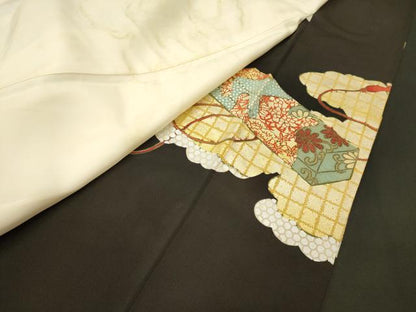 平和屋着物■豪華黒留袖　駒刺繍　文箱雲取り文　金銀彩　正絹　逸品　CABL0491oy