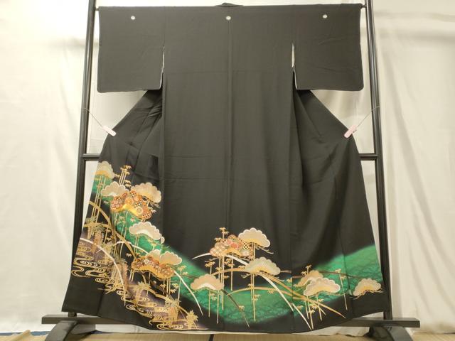 平和屋着物■豪華黒留袖　駒刺繍　流水松文　藤花房　正絹　逸品　CABL0492oy