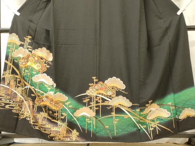 平和屋着物■豪華黒留袖　駒刺繍　流水松文　藤花房　正絹　逸品　CABL0492oy