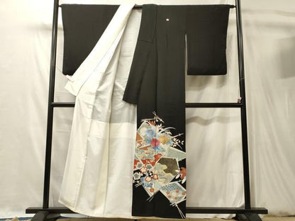 平和屋着物■豪華黒留袖　刺繍　吉祥松葉花文　金銀彩　正絹　逸品　CABL0493oy