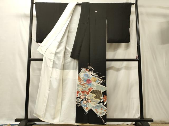 平和屋着物■豪華黒留袖　刺繍　吉祥松葉花文　金銀彩　正絹　逸品　CABL0493oy