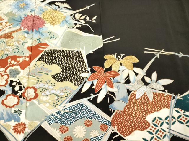 平和屋着物■豪華黒留袖　刺繍　吉祥松葉花文　金銀彩　正絹　逸品　CABL0493oy