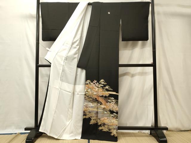 平和屋着物■豪華黒留袖　駒刺繍　風景渡り橋松葉文　暈し染め　金彩　正絹　逸品　CABL0499oy