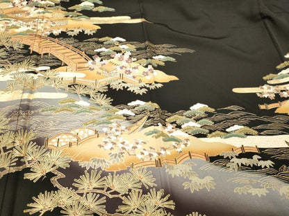 平和屋着物■豪華黒留袖　駒刺繍　風景渡り橋松葉文　暈し染め　金彩　正絹　逸品　CABL0499oy
