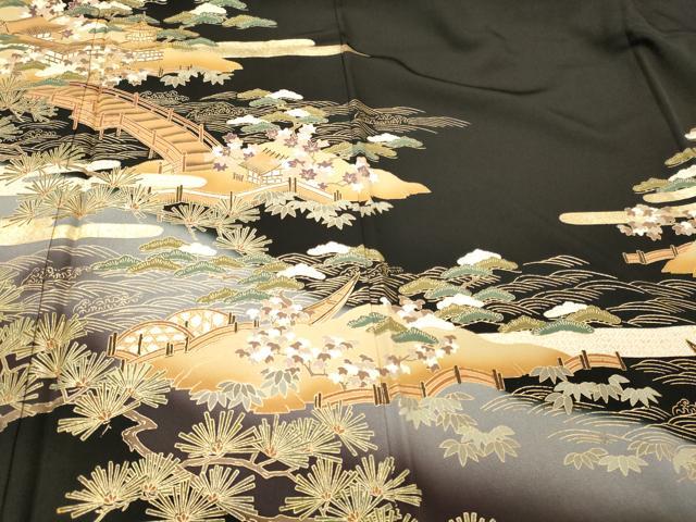 平和屋着物■豪華黒留袖　駒刺繍　風景渡り橋松葉文　暈し染め　金彩　正絹　逸品　CABL0499oy