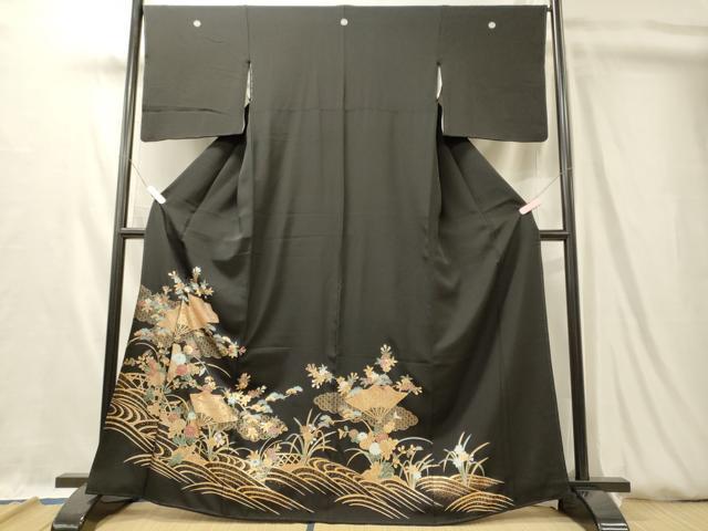 平和屋着物■豪華黒留袖　流水扇面花文　金銀彩　正絹　逸品　CABL0503oy