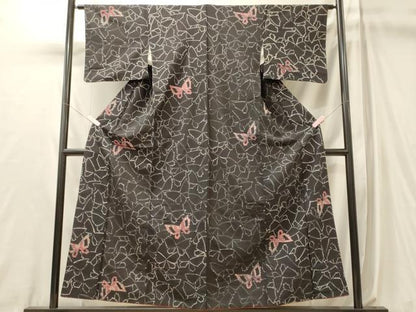 平和屋着物■上質な小紋　紬地　一珍染　舞蝶文　黒地　正絹　逸品　CABL0583oy