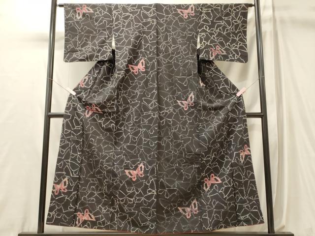 平和屋着物■上質な小紋　紬地　一珍染　舞蝶文　黒地　正絹　逸品　CABL0583oy