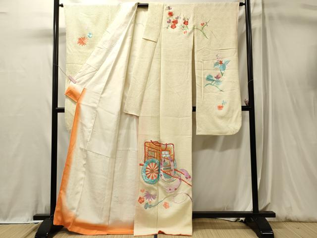 平和屋着物■豪華振袖　駒刺繍　総絞り　御所車花文　金銀糸　正絹　逸品　CABL0593oy