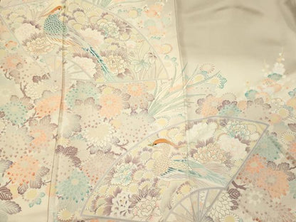 平和屋着物■豪華色留袖　刺繍　扇面尾長鳥花文　暈し染め　金糸　正絹　逸品　CABL0598oy