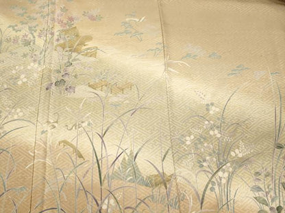 平和屋着物■訪問着　群鶴草花文　暈し染め　金彩　正絹　逸品　未使用　CABL0601oy