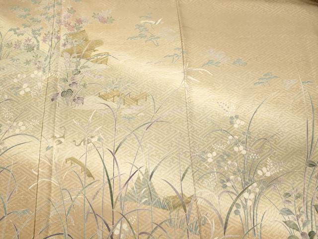 平和屋着物■訪問着　群鶴草花文　暈し染め　金彩　正絹　逸品　未使用　CABL0601oy