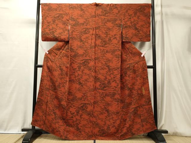 平和屋着物■宮内庁御用達　赤城右堂　小紋　型染め　風景枝松花文　鬼しぼ縮緬　正絹　逸品　CABL0632oy