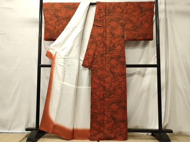 平和屋着物■宮内庁御用達　赤城右堂　小紋　型染め　風景枝松花文　鬼しぼ縮緬　正絹　逸品　CABL0632oy