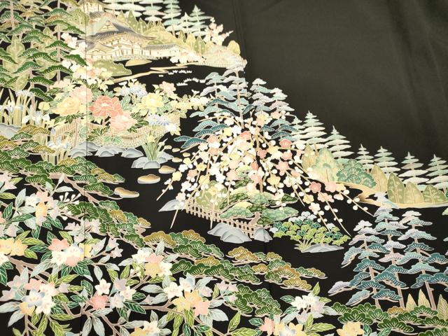 平和屋着物■豪華黒留袖　作家物　風景枝花松文　正絹　逸品　CABL0635oy