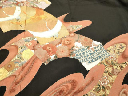 平和屋着物■豪華黒留袖　作家物　駒刺繍　飛鶴地紙花文　暈し染め　金彩　正絹　逸品　CABL0636oy