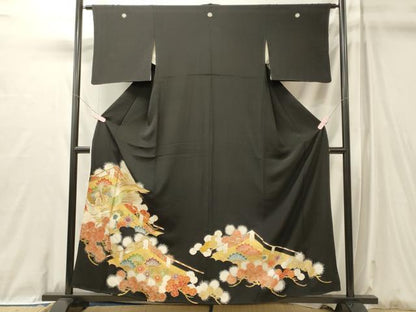 平和屋着物■豪華黒留袖　駒刺繍　尾長鳥花松葉文　金彩　正絹　逸品　CABL0637oy