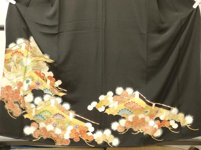 平和屋着物■豪華黒留袖　駒刺繍　尾長鳥花松葉文　金彩　正絹　逸品　CABL0637oy