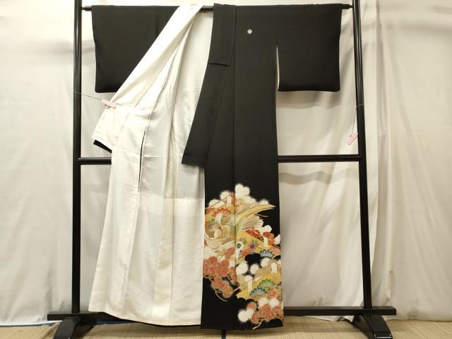 平和屋着物■豪華黒留袖　駒刺繍　尾長鳥花松葉文　金彩　正絹　逸品　CABL0637oy
