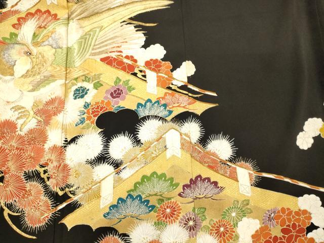 平和屋着物■豪華黒留袖　駒刺繍　尾長鳥花松葉文　金彩　正絹　逸品　CABL0637oy