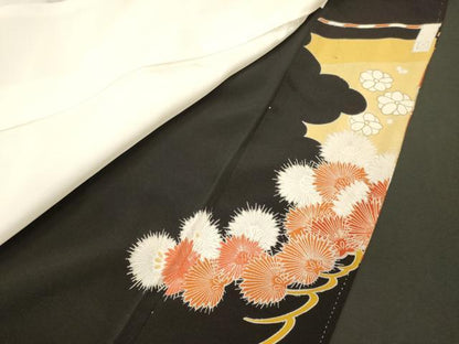 平和屋着物■豪華黒留袖　駒刺繍　尾長鳥花松葉文　金彩　正絹　逸品　CABL0637oy