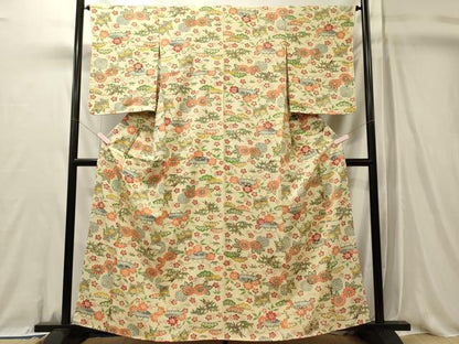 平和屋着物■上質な小紋　型染め　草花文　鬼しぼ縮緬　正絹　逸品　未使用　CABL0665oy