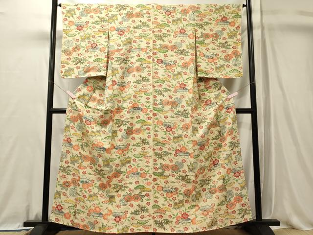 平和屋着物■上質な小紋　型染め　草花文　鬼しぼ縮緬　正絹　逸品　未使用　CABL0665oy