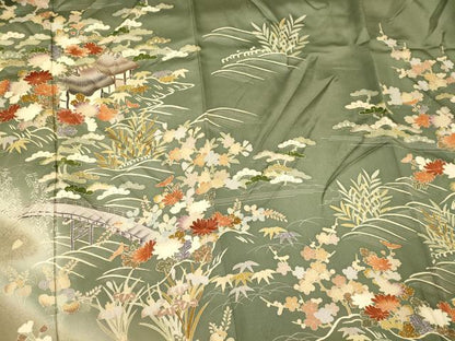 平和屋着物■訪問着　駒刺繍　渡り橋風景花松文　暈し染め　金銀彩　鈴乃屋扱い　正絹　逸品　CABL0666oy