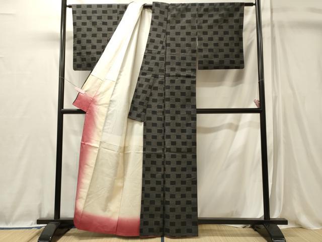 平和屋着物■上質な紬　幾何学文　黒地　正絹　逸品　CABL0669oy