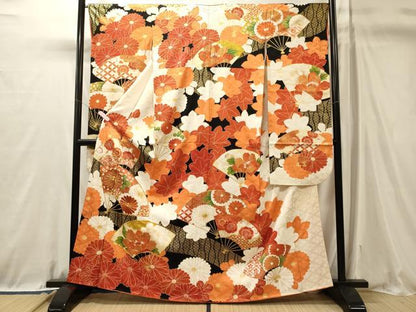 平和屋着物■豪華振袖　駒刺繍　扇面吉祥花文　黒地　金彩　正絹　逸品　CABL0688oy