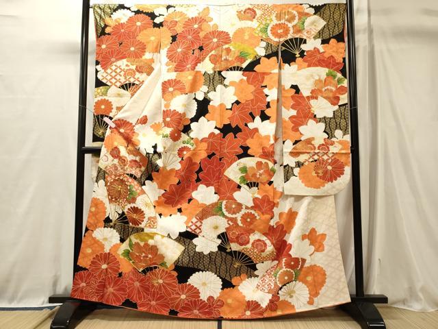 平和屋着物■豪華振袖　駒刺繍　扇面吉祥花文　黒地　金彩　正絹　逸品　CABL0688oy