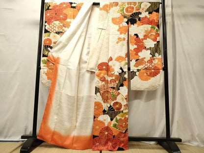 平和屋着物■豪華振袖　駒刺繍　扇面吉祥花文　黒地　金彩　正絹　逸品　CABL0688oy
