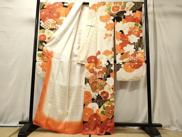 平和屋着物■豪華振袖　駒刺繍　扇面吉祥花文　黒地　金彩　正絹　逸品　CABL0688oy