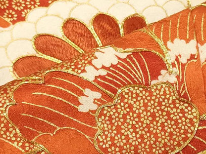 平和屋着物■豪華振袖　駒刺繍　扇面吉祥花文　黒地　金彩　正絹　逸品　CABL0688oy