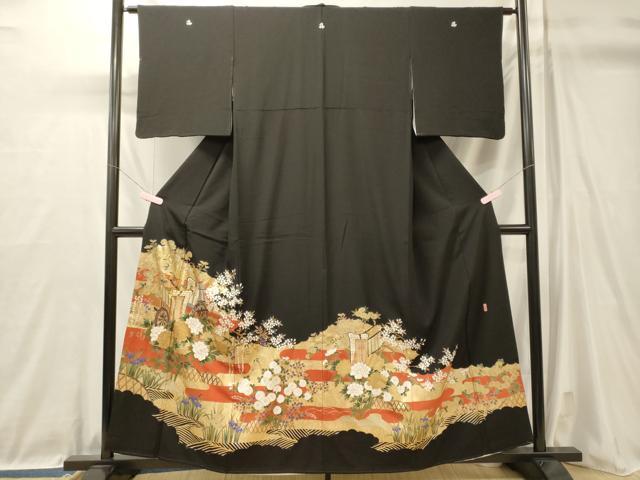平和屋着物■豪華黒留袖　駒刺繍　萬寿染　御所車草花文　金彩　正絹　逸品　CABL0730oy