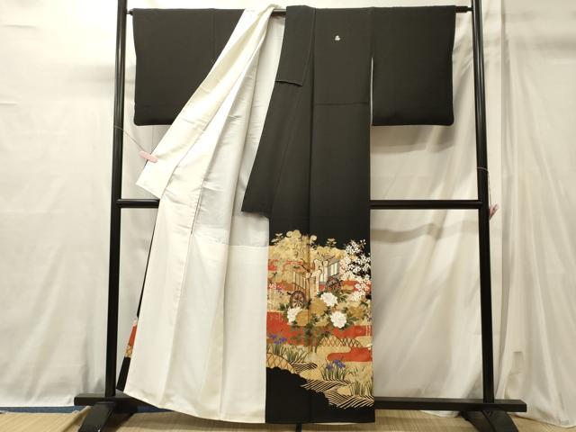 平和屋着物■豪華黒留袖　駒刺繍　萬寿染　御所車草花文　金彩　正絹　逸品　CABL0730oy