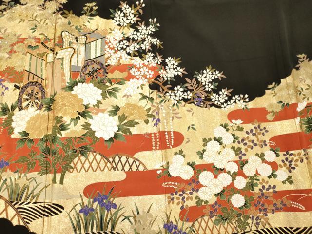 平和屋着物■豪華黒留袖　駒刺繍　萬寿染　御所車草花文　金彩　正絹　逸品　CABL0730oy