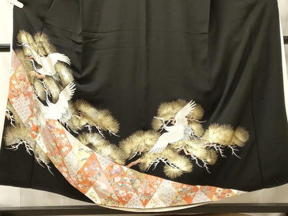 平和屋着物■豪華黒留袖　刺繍　飛鶴松葉吉祥文　金彩　正絹　逸品　CABL0752oy