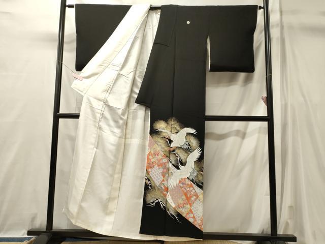 平和屋着物■豪華黒留袖　刺繍　飛鶴松葉吉祥文　金彩　正絹　逸品　CABL0752oy