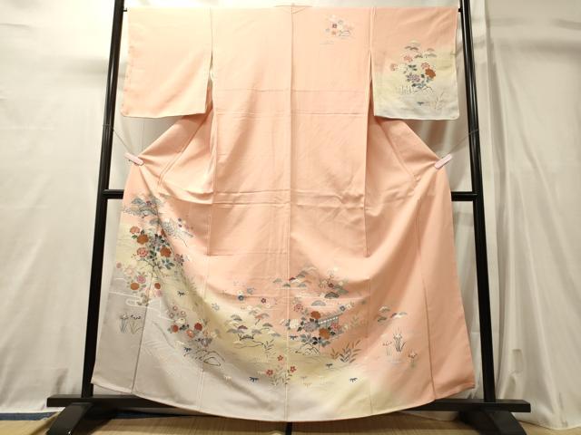 平和屋着物■訪問着　渡り橋草花文　暈し染め　金彩　鬼しぼ縮緬　正絹　逸品　未使用　CABL0756oy