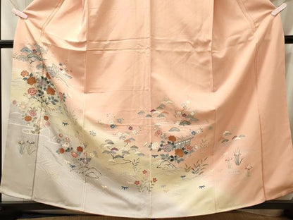 平和屋着物■訪問着　渡り橋草花文　暈し染め　金彩　鬼しぼ縮緬　正絹　逸品　未使用　CABL0756oy