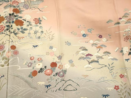 平和屋着物■訪問着　渡り橋草花文　暈し染め　金彩　鬼しぼ縮緬　正絹　逸品　未使用　CABL0756oy