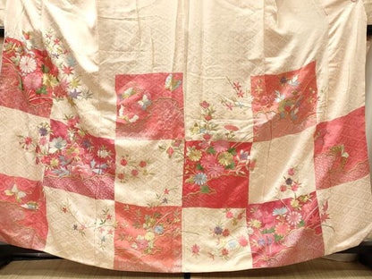 平和屋着物■豪華振袖　刺繍　市松草花文　金銀彩　正絹　逸品　CABL0791oy