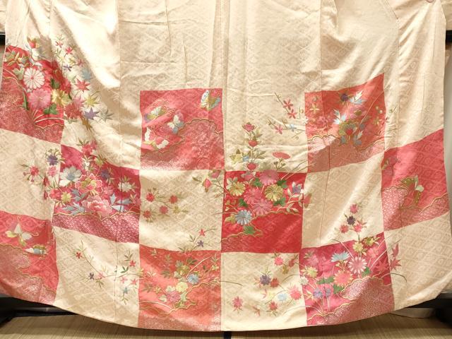 平和屋着物■豪華振袖　刺繍　市松草花文　金銀彩　正絹　逸品　CABL0791oy