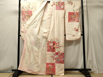 平和屋着物■豪華振袖　刺繍　市松草花文　金銀彩　正絹　逸品　CABL0791oy