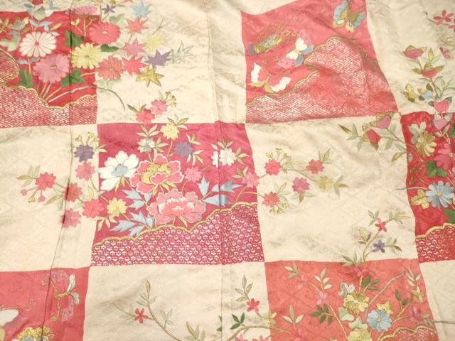 平和屋着物■豪華振袖　刺繍　市松草花文　金銀彩　正絹　逸品　CABL0791oy