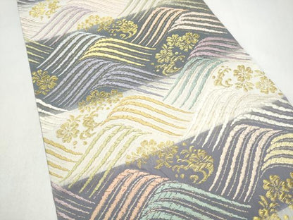 平和屋着物●六通柄袋帯　唐織　草木染　流水舞桜文　金糸　正絹　逸品　CABL0804hy